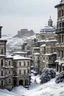 Placeholder: I want a picture of Sana'A city with snow waiving the buildings, realistic scattered and snow on the roof of the house.