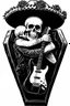 Placeholder: Skeleton wearing a sombrero, Hugging a guitar in a Coffin, black roses as decoration, black and white graphic art