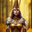 Placeholder: portrait cute female gladiator in gown and witch hat, in blurry golden forest