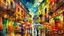 Placeholder: Picturesque urban scene under stormy weather, multi-colored umbrellas filling the space between centuries-old buildings, cobblestones glistening from the rain, blurred silhouettes of passers-by taking shelter, balconies with dripping flower pots, curtain of rain creating a mystical atmosphere, warm lights of traditional shops, realistic watercolor style