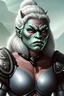 Placeholder: Portrait of a half-orc, female warrior from the mountains. Extremely muscular and size 16 in clothes. Wears regal armour that hails from the tundra. She is in her 50's. Ice-blue eyes, sharp facial features, angry expression. Beautiful.