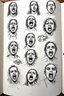 Placeholder: sketch line, rought, of many faces on a pages, screaming and sad, demented, mad, journal