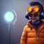 Placeholder: B toddler, smile, steampunk headphone, sunglass, gangsta neckless, full body, orange puffer jacket, tokio background, dramatic lighting, hyper realistic, unreal engine 5, 16k