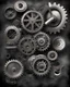 Placeholder: gears, gears, V-belts, pistons, maometers, smoke, steam