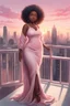 Placeholder: The scene opens onto a serene balcony overlooking a bustling city skyline. The sky above is painted in soft hues of pink and gray as the sun begins its descent, casting a warm glow over everything it touches. In the foreground stands a captivating figure, airbrush chibi cartoon curvy black woman exuding confidence and elegance. She is adorned in a flowing white knit maxi dress that hugs her curves in all the right places, accentuating her silhouette. Her choice of footwear is equally stunning