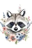 Placeholder: Typography portrait of a raccoon with flowers around her on a white background.