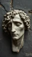 Placeholder: Ceramic style picture all colours are dark gray of an old church from the 1200 BC in it a head of dead man with thick curly hair and his eyes are closed