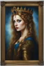 Placeholder: Gothic Gold framed painted portrait of a beautiful queen. her hair is long and light brown in colour and she has blue eyes, dark fantasy