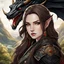 Placeholder: Icon or avatar. An arrogant looking young woman with pale skin and long brown hair in an outdoor fantasy setting with intricate details with a dragon flying in the far distance. She is smirking, wearing black and read leather, has red eyes, an air of malevolent power surrounds her. Anime style. High definition.