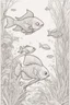 Placeholder: stress relief themed coloring page for adult, A whimsical underwater scene with colorful fish and gently swaying aquatic plants, cartoon style, thick outline, low details, no shading, no color