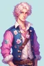 Placeholder: kind young sailor, man, white slightly curly hair, pirate shirt, pink and azure clothes, white floral pattern on jacket, flower in hair, stardew valley style