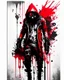 Placeholder: Banksy style. Full body. Vibrant and dynamic masterpiece with fluid patterns forming a killer Cyborg with hood and gas mask, its eyes are intense. Red, white and black colors, creating a fascinating effect.