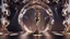 Placeholder: a 16 by 9 picture of 3d fractal stage structre made of metallic color 3d recursive structures, pertty artistc background,dynamic animating lights,a beautiful lady in pretty maxi skirt and blouse dancing on stage
