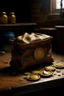 Placeholder: in the BASEMENT there is an old, broken brown oblong leather chest with short handles, from which gold coins from the time of Catherine the Great fall out. The ancient coat of arms of tsarist Russia, the double-headed eagle, is BARELY VISIBLE on the bag. There are a lot of broken bricks and earth around the bag. All in high quality 8K