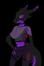 Placeholder: a black and purple, female argonian artificer who uses Tesla coils as weapons, skinny, lightly armored