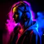 Placeholder: Girl, headphones, neon light, smoke,