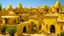 Placeholder: A golden yellow village with classical instrument shaped houses designed in ancient Egyptian hieroglyphics painted by Auguste Rodin