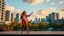 Placeholder: beautiful lady with makeup in pants and pretty shirt curvy long hair sport shoes dancing in a open stage in a modern city cnter,modern city escape at dintant ,flowers and trees ,pretty clouds, golden hour