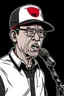 Placeholder: Ilustración vectorial de Gustavo Petro con gorra deportiva camisa, hablando con micrófono, colores negro, blanco y rojo, fondo negro