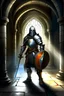 Placeholder: Fantasy Guard in plate armour with a tabard, shield and sword, standing in a stone hall