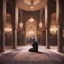 Placeholder: Hyper Realistic man praying in sajda inside a beautifully crafted mosque with fancy walls & pillars, chandeliers & beautiful carpet at night