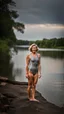 Placeholder: beautiful woman, full body shot, short grey triathlon swimsuit, medium length wavy bob haircut, photographed at the river