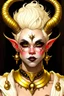 Placeholder: A young tiefling woman with a set of ram horns on her head encrusted with jewels, White-Blonde, short hair, black eyes, no pupils, dressed in white with lots of jewelry, beautiful, satanic tattoos on her neck, she looks like an angel