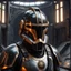 Placeholder: star wars bald male corellian pilot wearing pearlescent black and gunmetal grey First Order special forces heavy assault stealth commando armor and helmet with gold trim inside the jedi temple, hyperdetailed, dynamic lighting, hyperdetailed background, 8k resolution, volumetric lighting, light skin, fully symmetric details