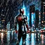 Placeholder: Spiderman in black suit in a rainy night looking at the city