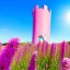 Placeholder: Blue cristal tower in a field of pink flowers with the sun shining blue sky fresh air