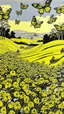 Placeholder: A yellow stinky field with butterflies designed in painted by cave paintings painted by Roy Lichtenstein