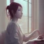 Placeholder: Anime, female student studying under window, studying lesson, perfect face, cool face, ultra detail, unreal engine 5, cinema4d, sun light, studio lighting --ar 1:1 --v 4