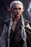 Placeholder: elf, long elven ears, Woman, Light grey hair hair in bun, light grey eyes, "white skin", black scarfs, bare arms, Photoreal Detailed, Hyper Realistic, fantasy, detailed