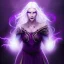 Placeholder: Female dungeons and dragons character, aasimar, fey warlock, spy, flowing white hair, glowing eyes, mysterious facial expression, close-up, violet magical energy