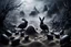 Placeholder: dark fantasy land with mystic, fog, deep cloros, burning landscape with mist, dark fantasy plants, silver and onix crystal eggs lying in sand, pale lights, rocks, weird surreal big dark rabbit-bird mutants, dark fantasy mood, sureal, high quality, high contrast, cinematic, atmospheric, weird mood