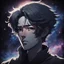 Placeholder: Ensure that the character is facing towards the right side of the canvas. a dark-themed old-school anime-style portrait of a being with a galaxy-like face