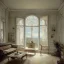 Placeholder: Living room with a big double window, white Beaux Arts architecture,interior design,point of perspective,by Jean Baptiste Monge