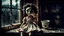 Placeholder: looking at the camera a high realistic vintage crepy porcelain puppet doll, old, dirty with old dress, sitting on shelf, in background blur cracked window. The figure has cracked face and head, and piercing big black eyes. High contrast, cinematic, thriller, dark, atmospheric. Surreal style , perfect composition, sharp focus, intricate details, gloomy vibe