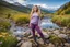 Placeholder: country side ,blue sky , mountains, pretty clouds ,small rocky river with clear water small rocks in floor,wild flowers,beautiful 18 year old girl with ash blonde hair and blue eyes with her curvy hair down, wearing a long-sleeved woollen top, and lilac long leggings, with long red boots full body standing pose shot