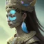 Placeholder: Sango fantasy, fantasy magic, intricate, sharp focus, illustration, highly detailed, digital painting, concept art, matte, art germ and Paul Lewin and Kehinde Wiley, masterpiece Mayan princess dancer head bronze feather's' Asian Latin girl nice breast brown Thai hair turquoise silver blue sky