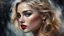 Placeholder: abstract digital art, impressionism, blurred look and feel, byzantine alcohol oil painting of a stunning woman with blonde hair and red lips, earrings, freckles, Disney noir style, masterpiece, 32k resolution, hyper detail, fine details, airbrush strokes, foggy feel and view, on canvas, magic, 8k concept art, dark lighting, hyper detail, intricate detail