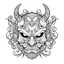 Placeholder: White, minimalis line art , oni mask japanes scarry, vector, white background, outline, with images neatly contained within the background, just black and white color,