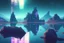 Placeholder: distant cyberpunk city, rocks in the lake, galaxy, epic