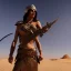 Placeholder: badass female persian warrior in the desert with hawk on her shoulder , atmospheric, realistic, unreal engine, cinematic lighting, octane render.