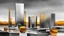 Placeholder: Grayscale abstract sculpture park, art style watercolor painting, metal smooth abstract shapes in distance, glass cubes with vivid dark amber glass in foreground, soft golden hour lighting