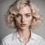 Placeholder: woman, twenty years old, white blond short hair, wavy, strong facial features, grey eyes, light skin, rose lips whithe shirt, portrait, close up, beatiful woman, shadows