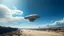 Placeholder: A Spacecraft, shaped like a passenger jet, without wings, hovering above a road in a ruined alien city, blue sky, wite clouds