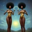 Placeholder: Biologically Female sexy African American Twins, black skin, tall and slender, long afro kinky hair,big brown eyes, long eyelashes warrior wear. Big butts. Gold accents on clothing. Surround by trees. Holding golden spears. Starry night