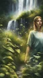 Placeholder: portrait of Alva in the garden, waterfall and elves ,lotsa wild weed, in spotlight, magazine cover illustration with spray paint, signed, bokeh like, down-light, unreal engine, prize winning