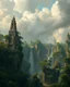 Placeholder: Bosch painting style, nightmare , the hanging gardens of Babylon, trees , building waterfalls , great quality picture with cinematic scenes , heavy clouds in the background